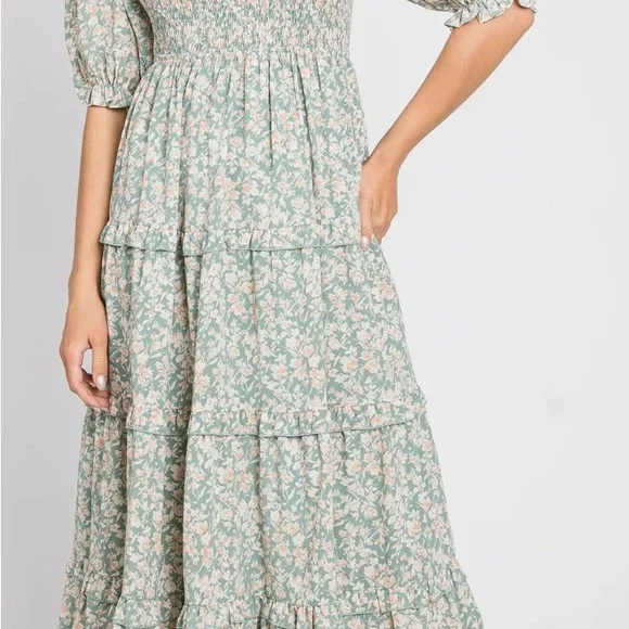 Polagram Dress Floral Green Maxi Smocked Bodice Three Tiered RuffleS Size M - Picture 8 of 15